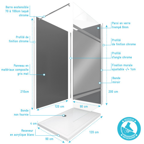 Pack 2 panneaux muraux + receveur + paroi en verre trempé miroir + barre de fixation