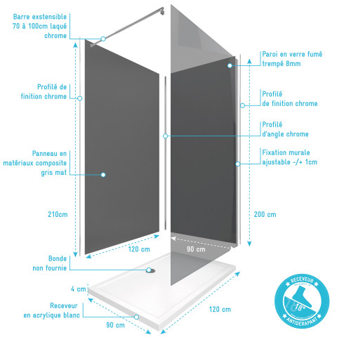 Pack 2 panneaux muraux + receveur + paroi en verre trempé fumé + barre de fixation