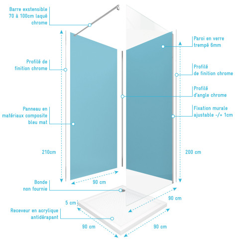 Pack 2 panneaux muraux wall'it bleu + receveur whiteness ii + paroi freedom 2 thin transparent + barre de fixation chrome Aurlane - PACP048