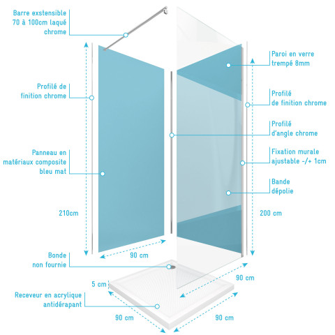 Pack 2 panneaux muraux wall'it bleu + receveur witheness ii + paroi freedom 2 depolie + barre de fixation chrome Aurlane - PACP050