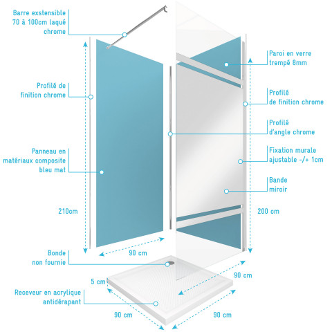 Ensemble complet douche à l’italienne avec Receveur 90×90 + Paroi miroir + Panneaux muraux - PACP051