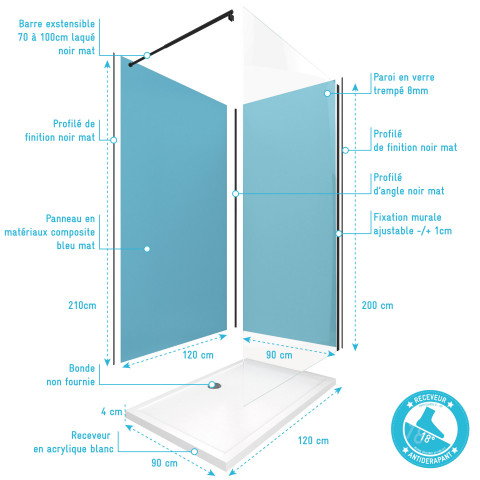 Pack 2 panneaux muraux wall'it bleu + receveur whiteness ii 120 + paroi de douche freedom 2 dark 120 + barre de fixation noir mat Aurlane - PACP053