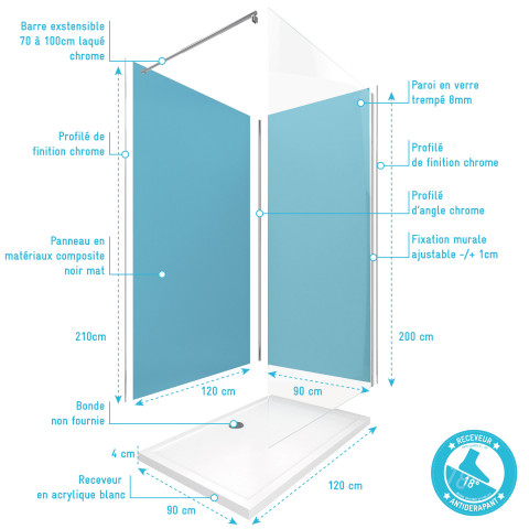 Pack 2 panneaux muraux wall'it bleu + receveur whiteness ii 120 + paroi de douche freedom 2 thin transparent 120 + barre de fixation chrome Aurlane - PACP055