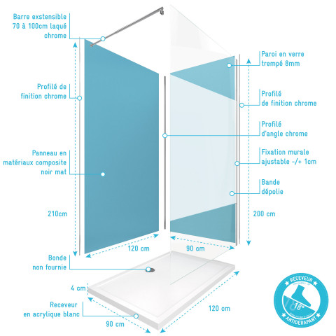 Pack 2 panneaux muraux wall'it bleu + receveur whiteness ii 120 + paroi de douche freedom 2 depolie 120 + barre de fixation chrome Aurlane - PACP056