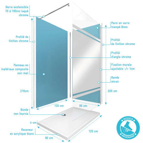Pack 2 panneaux muraux wall'it bleu + receveur whiteness ii 120 + paroi de douche freedom 2 miroir 120 + barre de fixation chrome Aurlane - PACP057