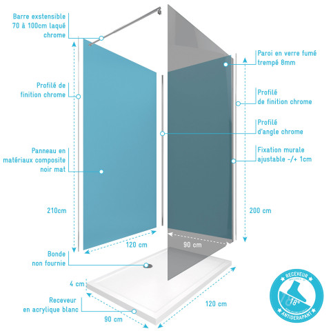 Pack 2 panneaux muraux wall'it bleu + receveur whiteness ii 120 + paroi de douche freedom 2 fumée 120 + barre de fixation chrome Aurlane - PACP058