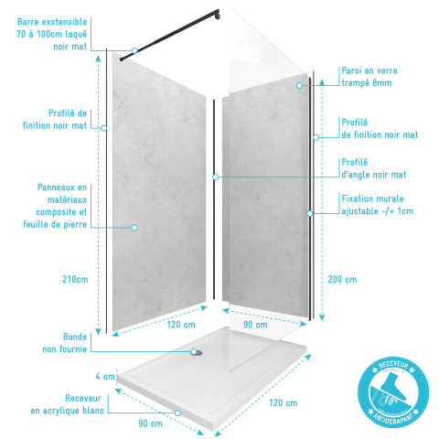 Pack panneaux muraux light grey 90+120x210 - receveur 120x90 - paroi 120x200 - profils et bras noir Aurlane - PACP077