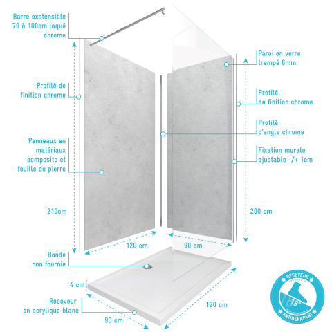 Panneaux muraux light grey 90+120x210 - receveur 120x90 - paroi 6mm transparente 120x200 + bras Aurlane - PACP078