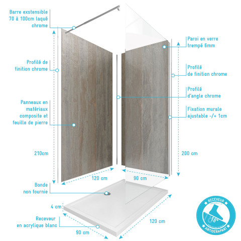 Pack panneau muraux 120x210 + paroi 120x210 + receveur 90x120 + barre de fixation chrome 70/100cm Aurlane - PACP102
