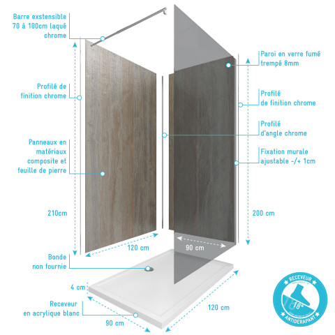 Pack panneaux muraux wall'it + paroi freedom 2 fumee + receveur whiteness