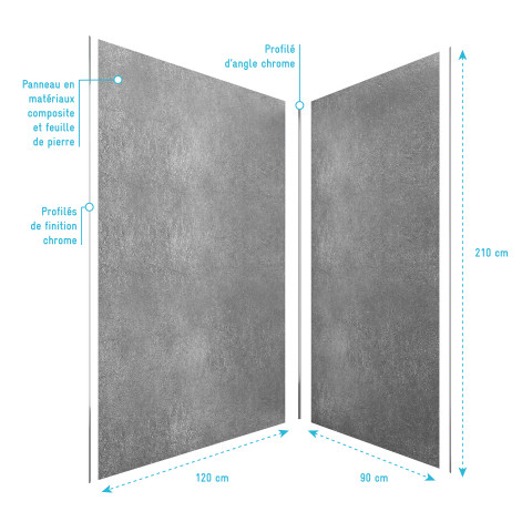 Pack panneaux muraux effet pierre grise en composite avec profilé d'angle et de finition chrome - 90 x 120cm - stone'it silver grey 90x120