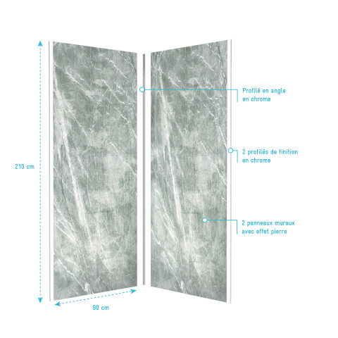 Pack panneaux muraux + profilé d'angle chrome + 2 profilés de finition chrome - 90x210 - ice green 90