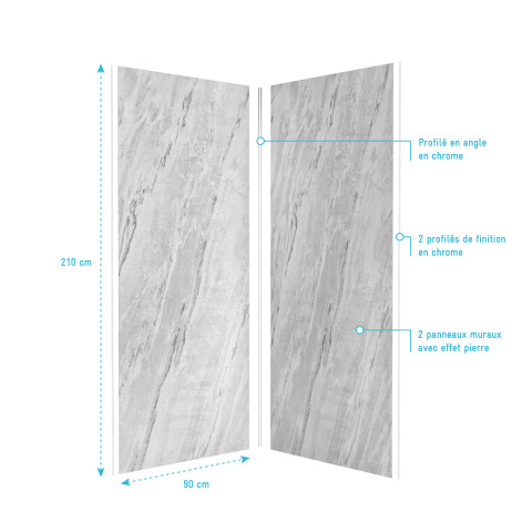 Pack panneaux muraux + profilé d'angle chrome + 2 profilés de finition chrome- 90x210 - ice lunar 90
