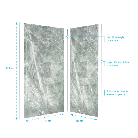 Pack panneaux muraux + profilé d'angle chrome + 2 profilés de finition chrome - 120x90x210 - ice green 120