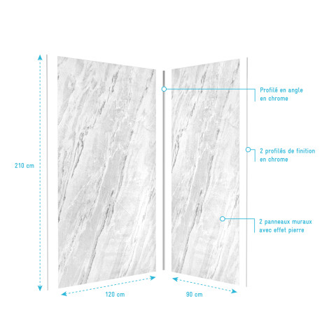 Pack panneaux muraux + profilé d'angle chrome + 2 profilés de finition chrome - 120x90x210 - ice lunar 120