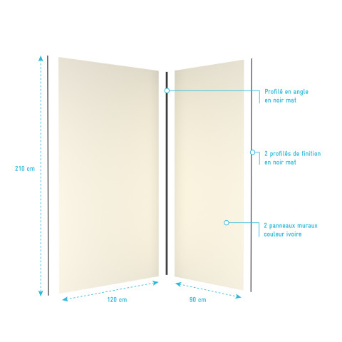 Pack panneaux muraux wall'it ivoire - 90x120x210cm + 2 profilés de finition noir mat + 1 profilé d'angle noir mat Aurlane - PACP263