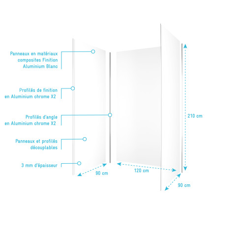 Pack 3 panneaux muraux en aluminium blanc 90/120/90 x 210cm avec profilés finitions et angles chrome Aurlane - PACP267