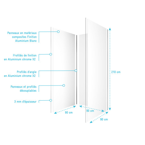 Pack 3 panneaux muraux en aluminium blanc de 90x210 cm avec profilés de finitions et d'angles chrome Aurlane - PACP269