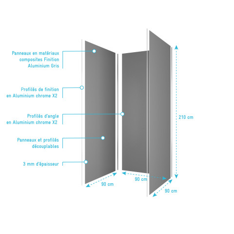 Pack 3 panneaux muraux en aluminium gris de 90x210 cm avec profilés de finitions et d'angles chrome Aurlane - PACP270