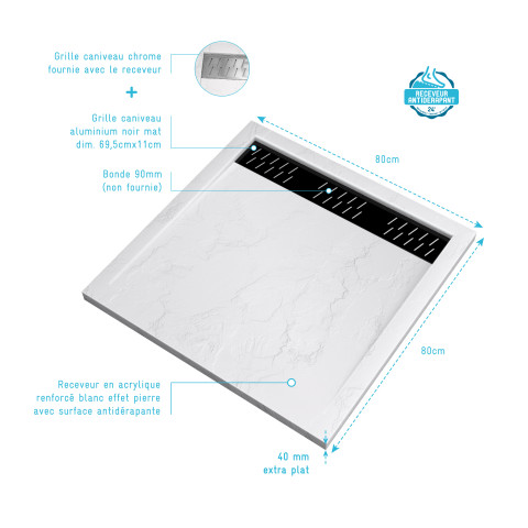 Receveur en acrylique blanc effet pierre 80x80x4 cm + grilles linéaires chrome et noire - moon Aurlane - PACR009