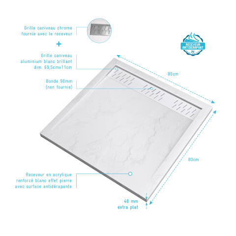 Pack receveur 80x80 blanc effet pierre et grille décor en aluminium blanc brillant - pack moon