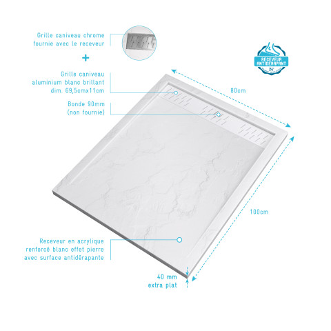 Pack receveur 100x80 blanc effet pierre et grille décor en aluminium blanc brillant - pack moon Aurlane - PACR014
