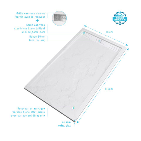 Pack receveur 140x80 blanc effet pierre et grille décor en aluminium blanc brillant - pack moon