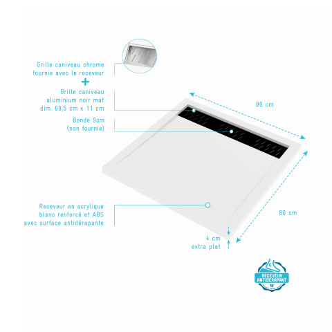 Pack receveur acrylique blanc 80x80 et grille décor aluminium finition noir mat - pack whitness ii