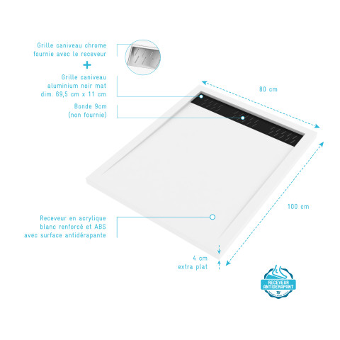 Pack receveur acrylique blanc 100x80 et grille décor aluminium finition noir mat - pack whitness ii
