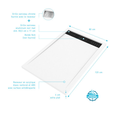 Pack receveur acrylique blanc 120x80 et grille décor aluminium finition noir mat - pack whitness ii