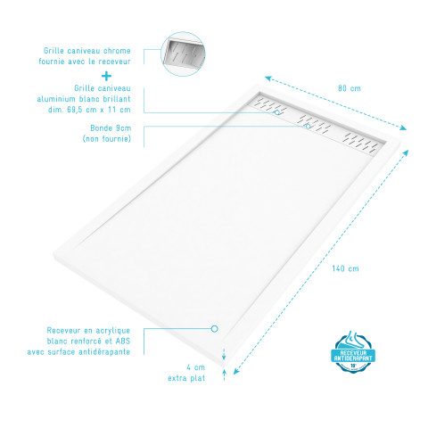 Pack receveur acrylique blanc 140x80 et grille décor aluminium - pack whitness ii - Couleur de grille au choix