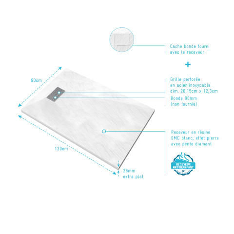 Pack receveur blanc effet pierre 120x80 cm et grille décor perforée en inox - pack rock 2 Aurlane - PACR104