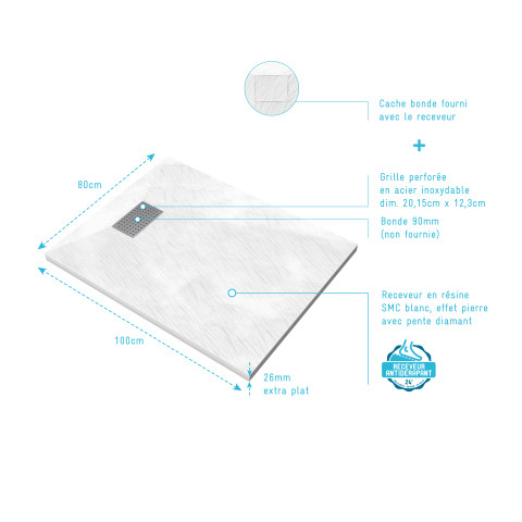 Pack receveur blanc effet pierre 100x80 cm et grille décor perforée en inox - pack rock 2 Aurlane - PACR106