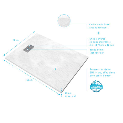 Pack receveur blanc effet pierre 120x90 cm et grille décor perforée en inox - pack rock 2 Aurlane - PACR107