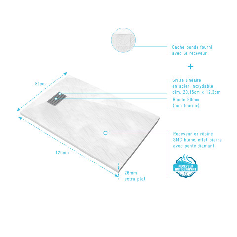 Pack receveur blanc effet pierre 120x80 cm et grille décor linéaire en inox - pack rock 2 Aurlane - PACR109