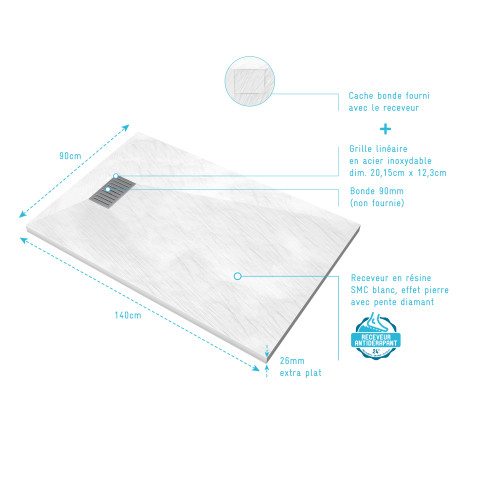 Pack receveur blanc effet pierre 140x90 cm et grille décor linéaire en inox - pack rock 2 Aurlane - PACR110