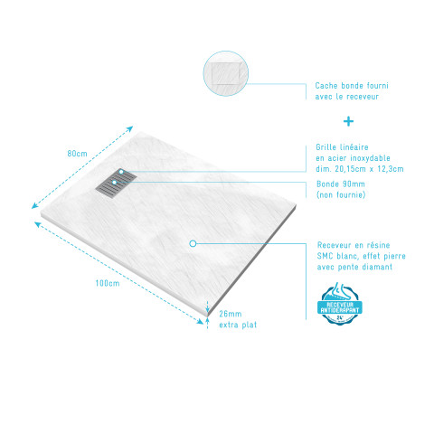 Pack receveur blanc effet pierre 100x80 cm et grille décor linéaire en inox - pack rock 2 Aurlane - PACR111