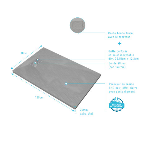 Pack receveur gris effet pierre 120x80 cm et grille décor perforée en inox - pack rock 2 Aurlane - PACR114