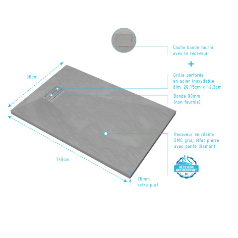 Pack receveur gris effet pierre 140x90 cm et grille décor perforée en inox - pack rock 2 Aurlane - PACR115