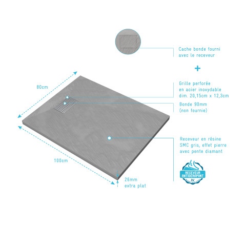 Pack receveur gris effet pierre 100x80 cm et grille décor perforée en inox - pack rock 2 Aurlane - PACR116