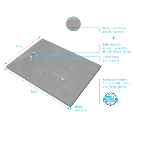 Pack receveur gris effet pierre 120x90 cm et grille décor perforée en inox - pack rock 2 Aurlane - PACR117