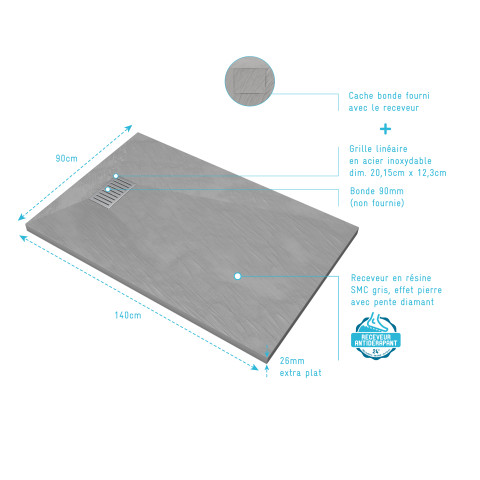 Pack receveur gris effet pierre 140x90 cm et grille décor linéaire en inox - pack rock 2 Aurlane - PACR120