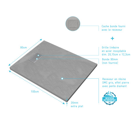 Pack receveur gris effet pierre 100x80 cm et grille décor linéaire en inox - pack rock 2 Aurlane - PACR121