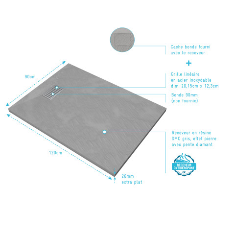 Pack receveur gris effet pierre 120x90 cm et grille décor linéaire en inox - pack rock 2 Aurlane - PACR122