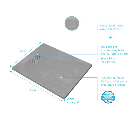 Pack receveur gris effet pierre 90x70 cm et grille décor linéaire en inox - pack rock 2 Aurlane - PACR123