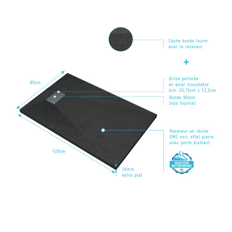 Pack receveur noir effet pierre 120x80 cm et grille décor perforée en inox - pack rock 2 Aurlane - PACR124