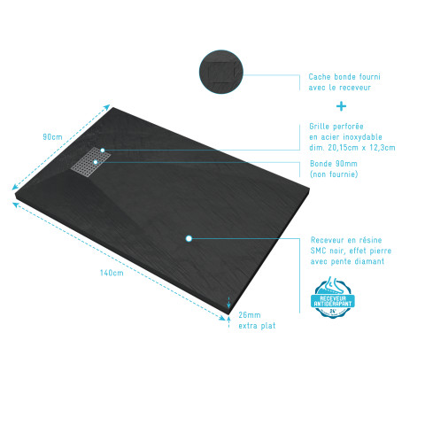 Pack receveur noir effet pierre 140x90 cm et grille décor perforée en inox - pack rock 2 Aurlane - PACR125