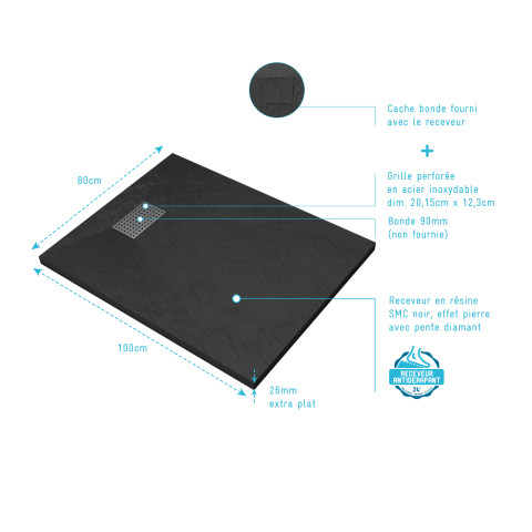 Pack receveur noir effet pierre 100x80 cm et grille décor perforée en inox - pack rock 2 Aurlane - PACR126