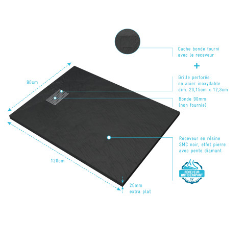 Pack receveur noir effet pierre 120x90 cm et grille décor perforée en inox - pack rock 2 Aurlane - PACR127