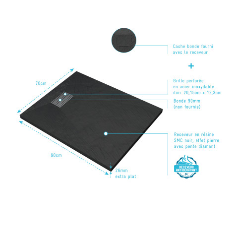 Pack receveur noir effet pierre 90x70 cm et grille décor perforée en inox - pack rock 2 Aurlane - PACR128